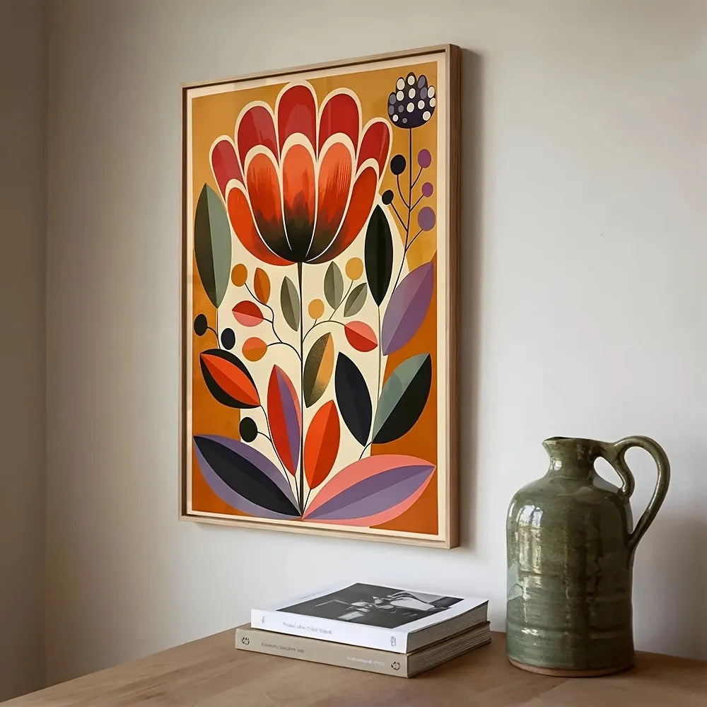 Close-up of Retro Bloom B canvas print showing giclee printing detail and bold geometric flower shapes.