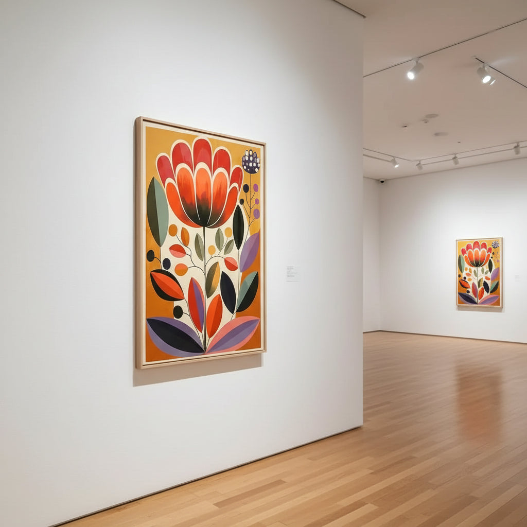 Art gallery with colourful floral artwork on white walls