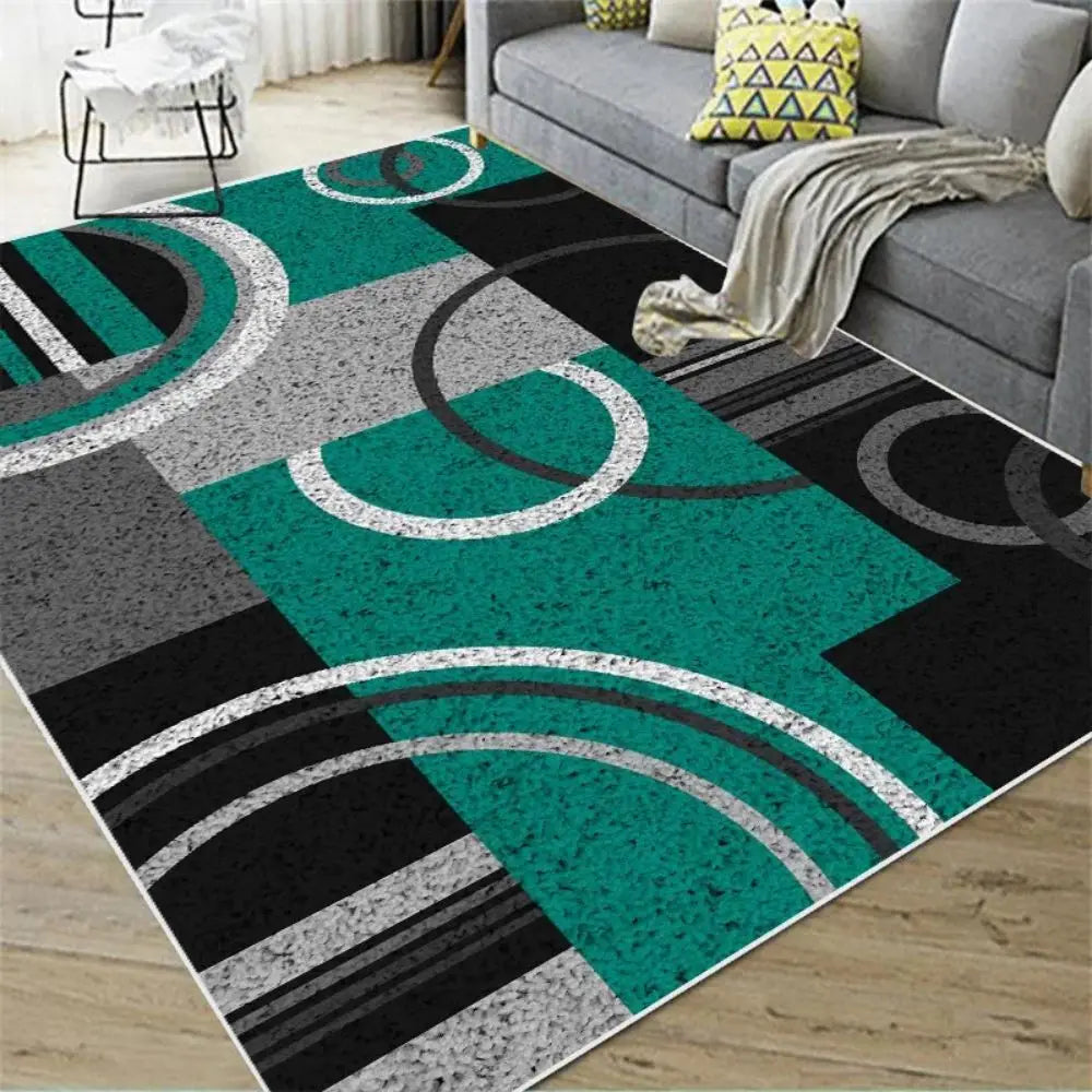 Teal, grey, black, and white Nordic geometric rug with abstract arc design.