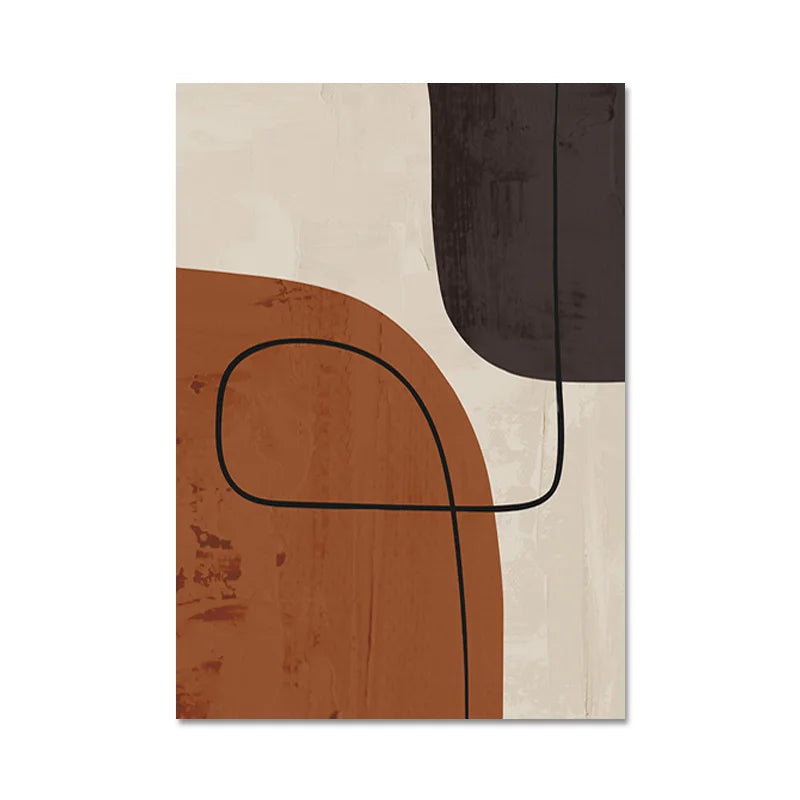 Abstract art print with brown, black, and beige shapes on a white background