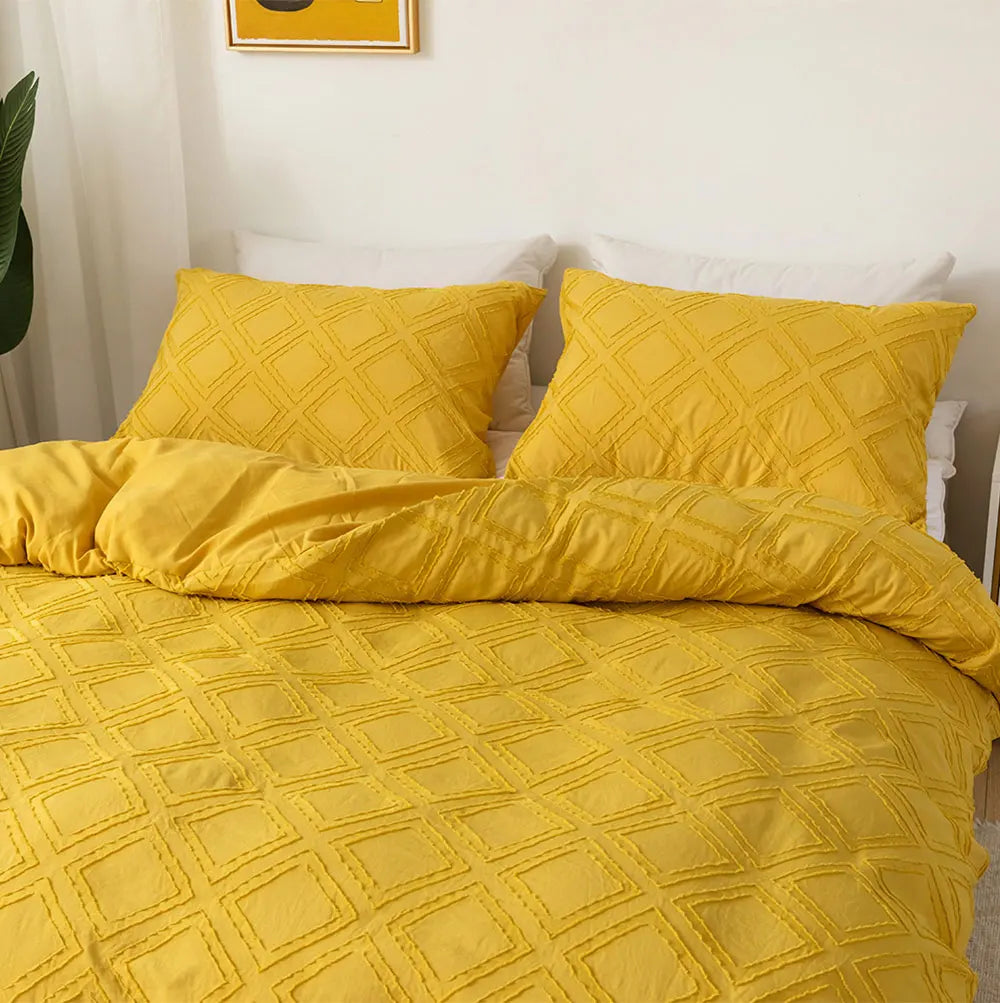 Mustard yellow textured geometric bedding set with matching pillowcases