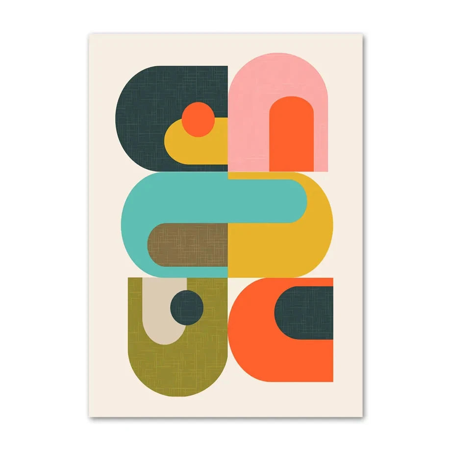 Geometric cotton canvas print with rounded block shapes in teal, pink, mustard, olive, and orange on a neutral background