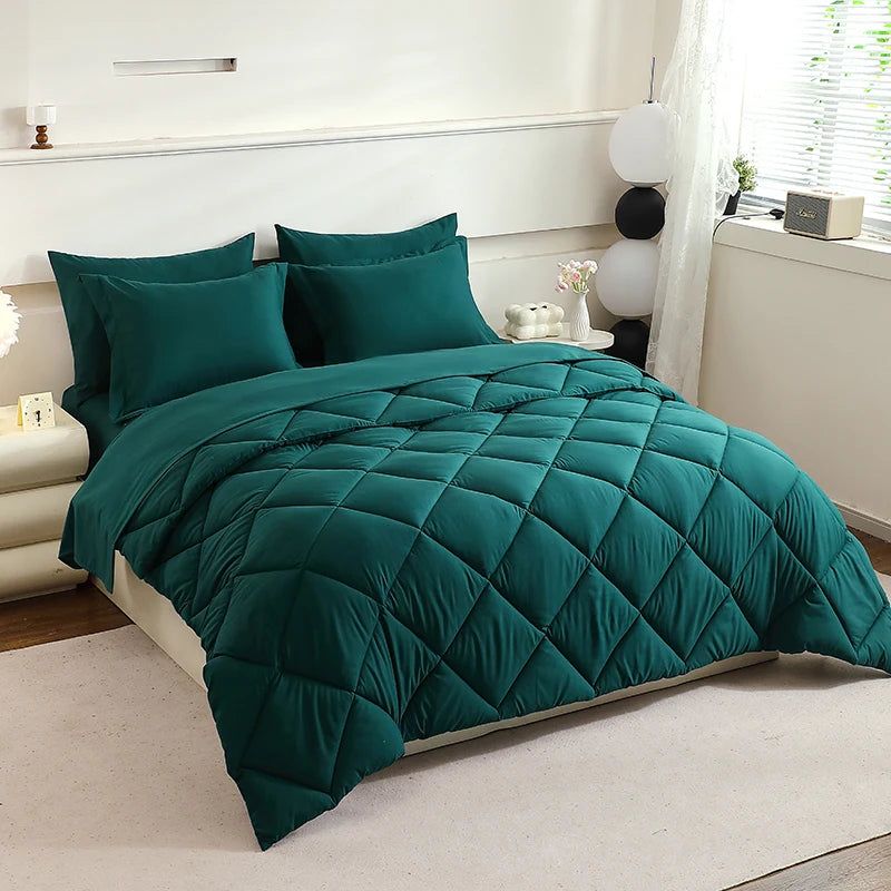 Green 7-piece comforter bedding set with labelled components