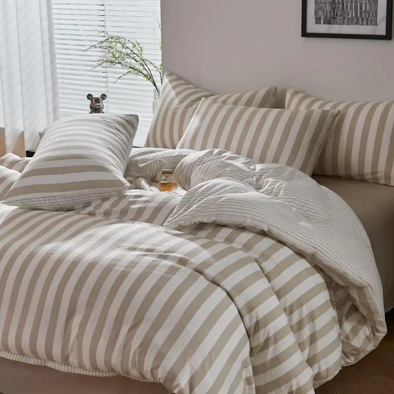 Sand beige and white striped duvet cover set with flat sheet and pillowcases