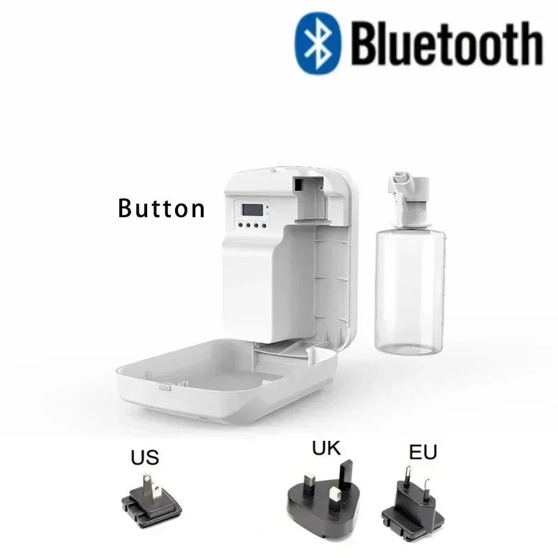 White Bluetooth aromatherapy diffuser with button controls, removable bottle, and plug adapter options