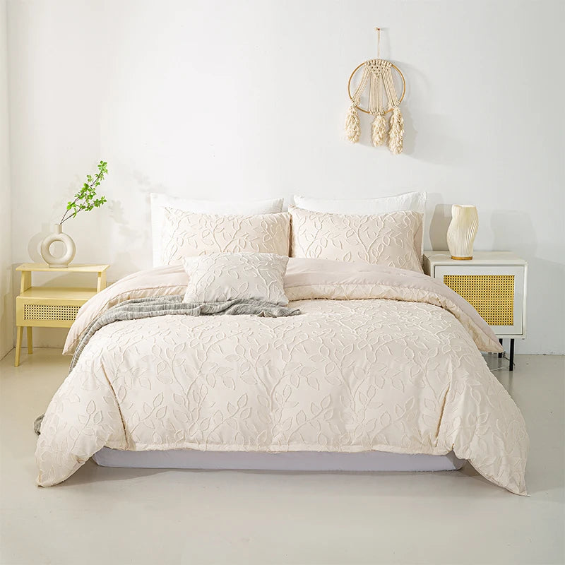 Cream textured 3-piece bedding set styled in a minimalist bedroom
