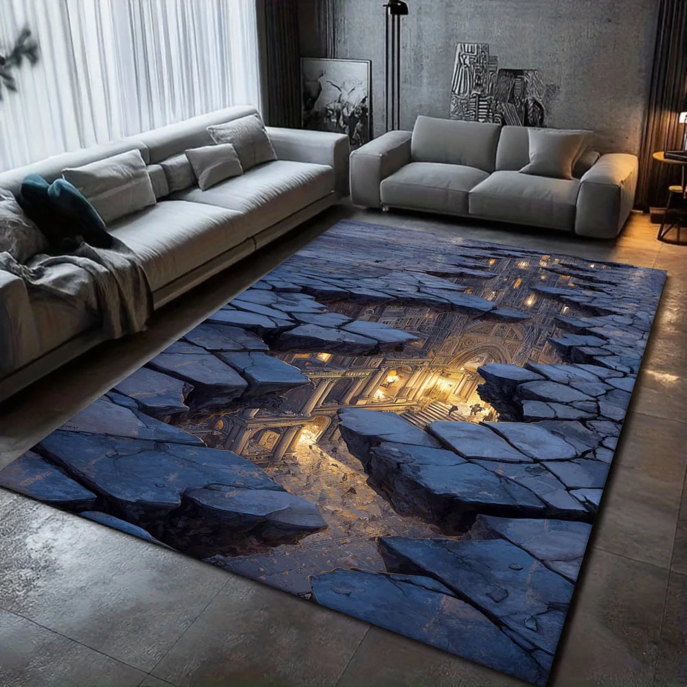 Hidden Underground City – 3D illusion rug depicting a broken stone floor revealing a glowing ancient underground city beneath the surface.