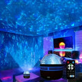 Room with starry sky projector on ceiling and electronic device on table