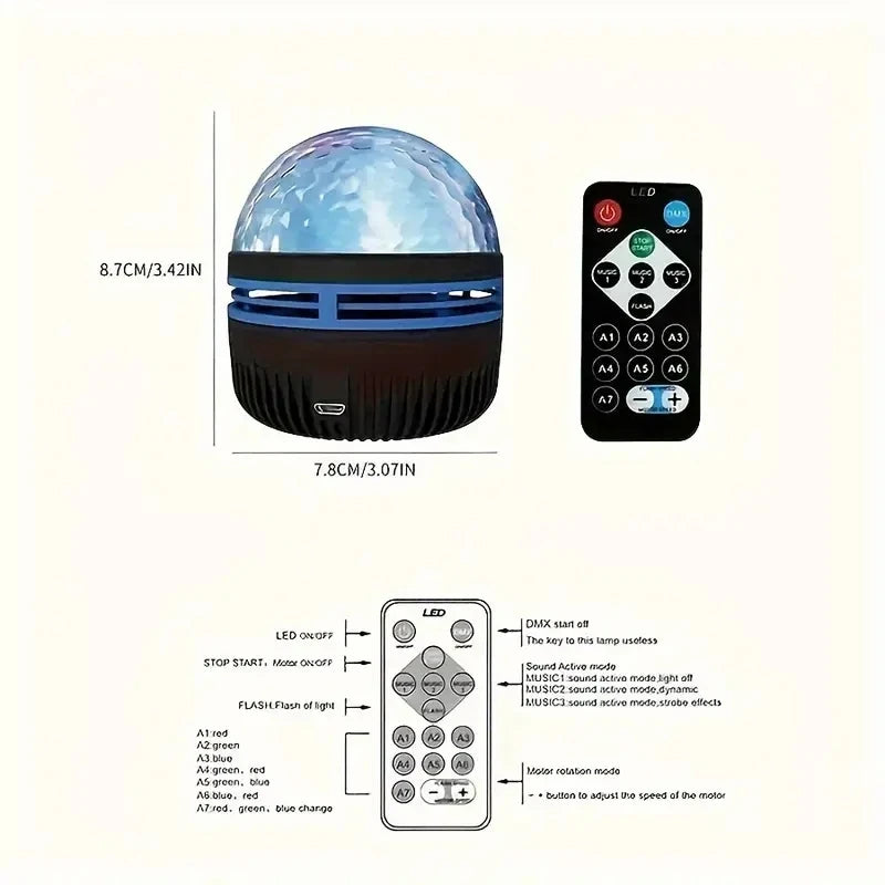 Dance of light effect lamp with remote control and specifications on a white background