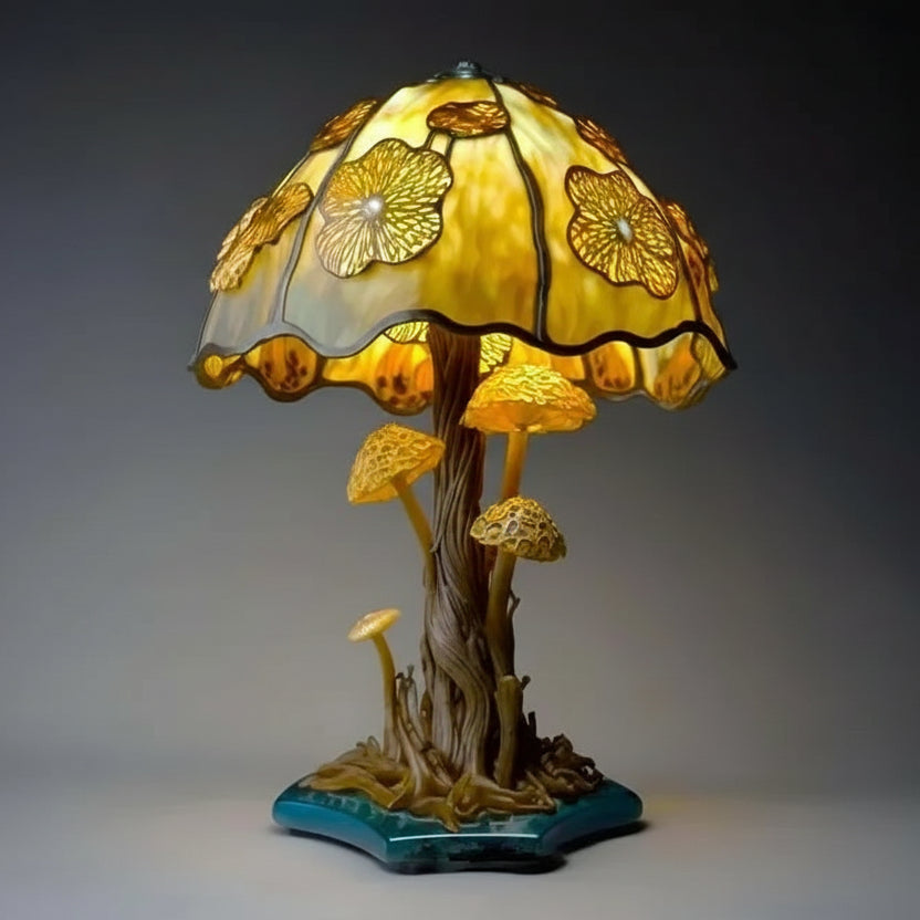 Golden floral stained resin mushroom table lamp with woodland base