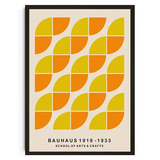 Framed poster with geometric pattern and Bauhaus text on a beige background