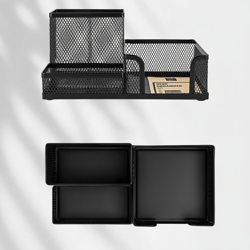 Black mesh desk organiser on a white background
