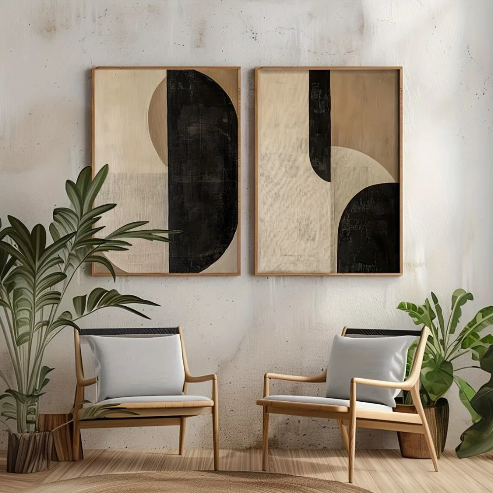 Framed mockup of a 2-piece abstract canvas set with black curved forms and warm neutral textured backgrounds