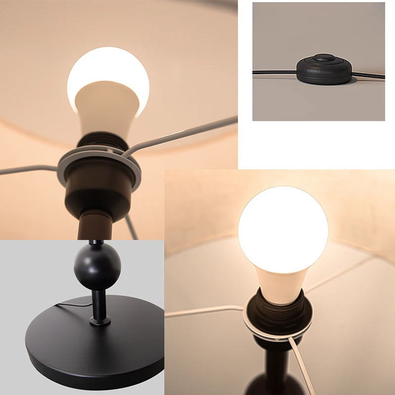 Detailed view of the E27 bulb housing, high-quality fabric shade texture, and the convenient floor button switch.