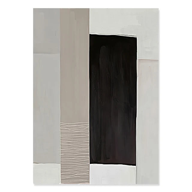 Abstract canvas print with beige, cream, and deep black blocks featuring textured vertical line detail.