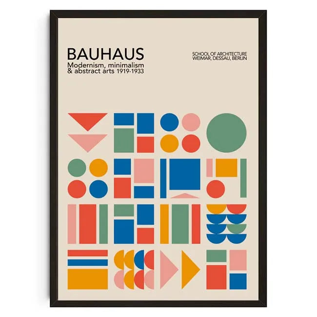 Bauhaus poster with geometric shapes and text on a beige background