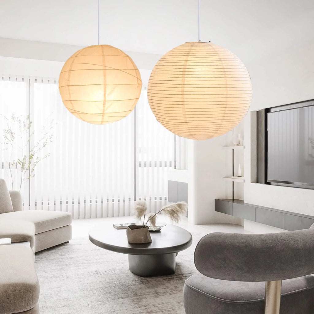 Modern living room with round pendant-shaped Japanese lampshades.