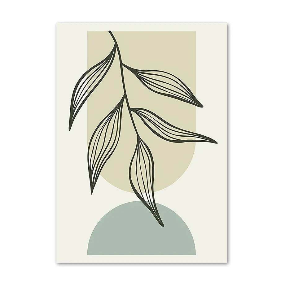 Minimal leaf line art canvas print with green and beige abstract background shapes.