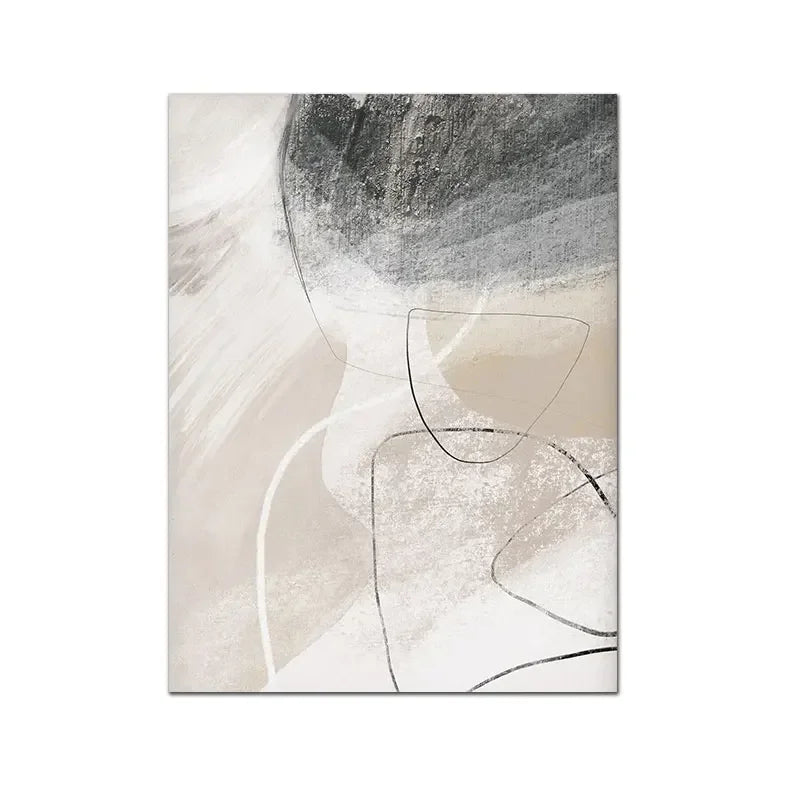 Bohemian abstract print featuring a dark grey textured top and a singular curved black line.