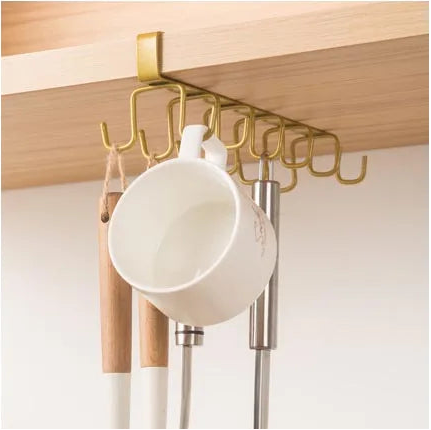 Gold kitchen hook rack with measuring dimensions on a white background