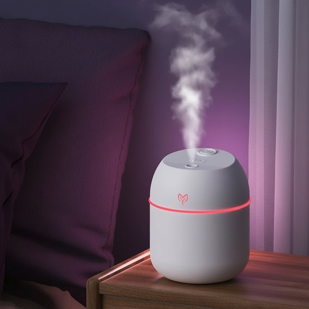 White humidifier emitting steam on a wooden nightstand with a purple pillow and curtain in the background