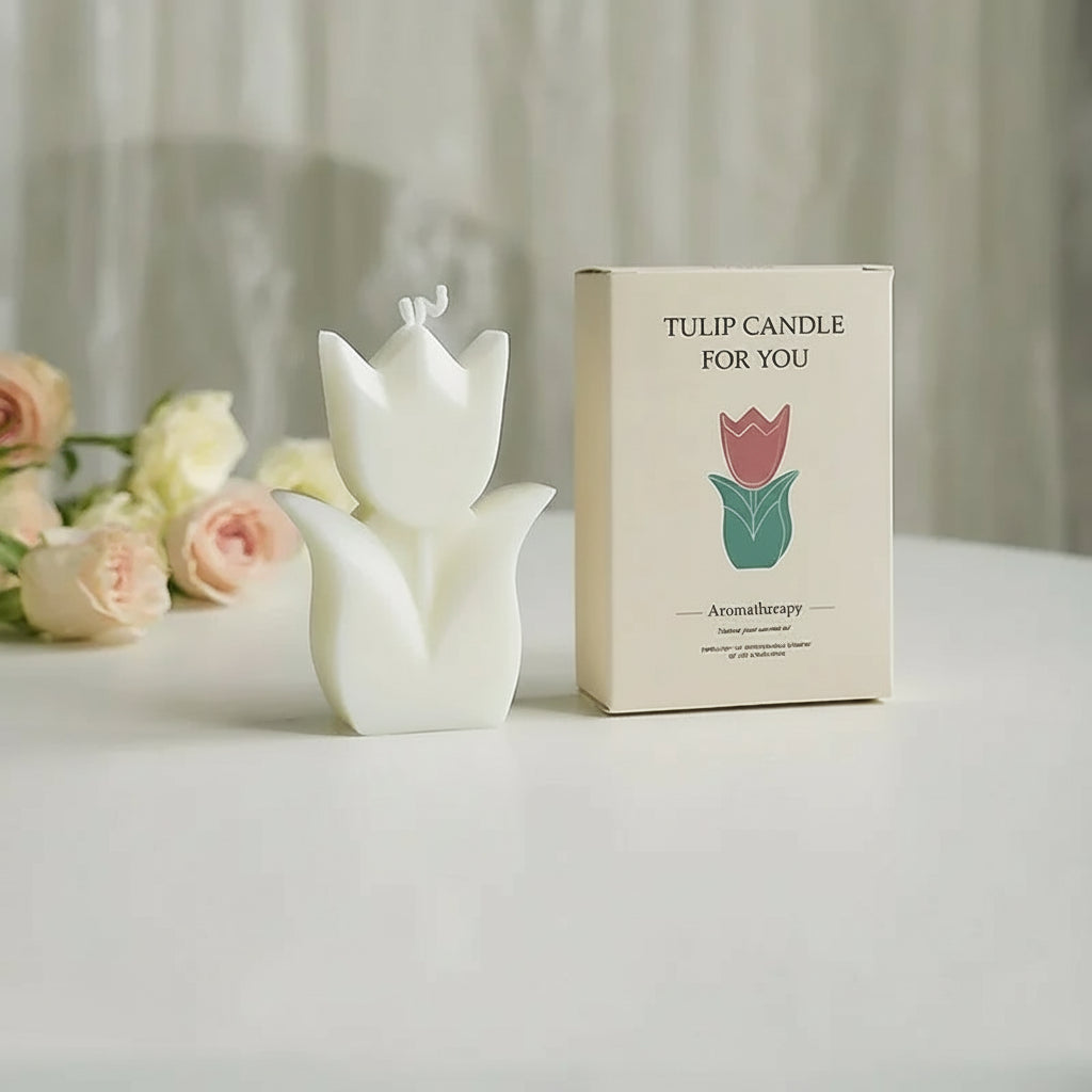 Tulip-shaped candle with packaging and floral arrangement on a light surface