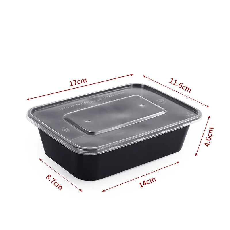 600ml rectangular black microwave-safe food container with clear lid and dimensions shown