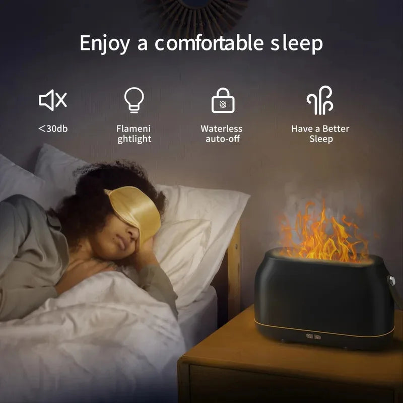 Simulated flame aroma diffuser releasing mist with a realistic fire effect