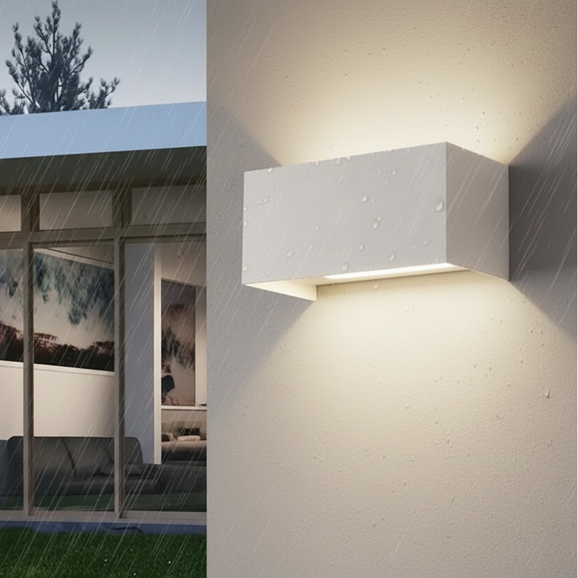 Modern outdoor wall light fixture on a textured wall with raindrops.