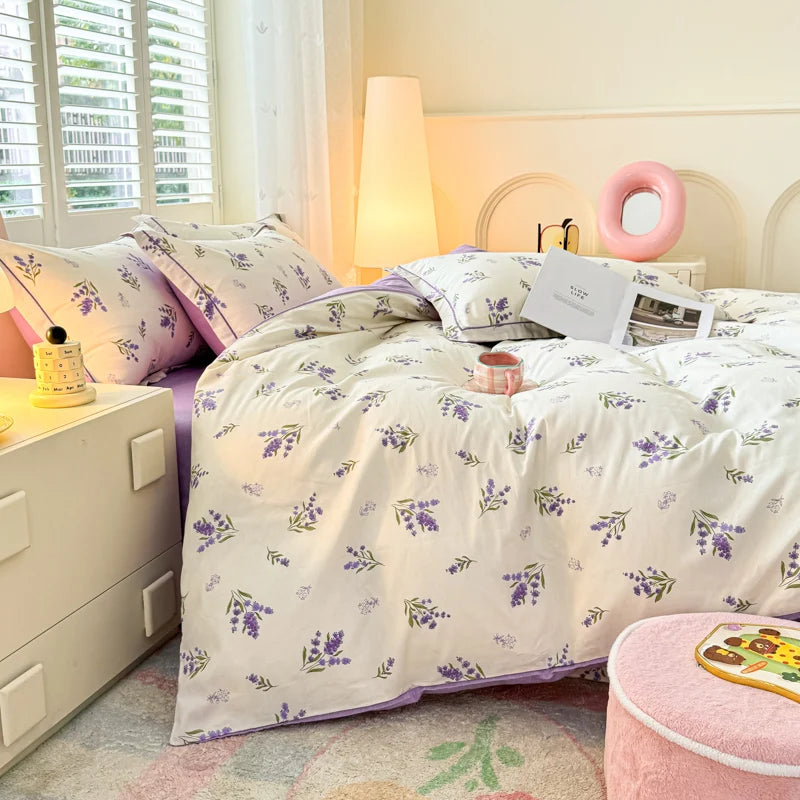 Lavender Field bedding set featuring delicate purple lavender sprigs on cream-coloured cotton.
