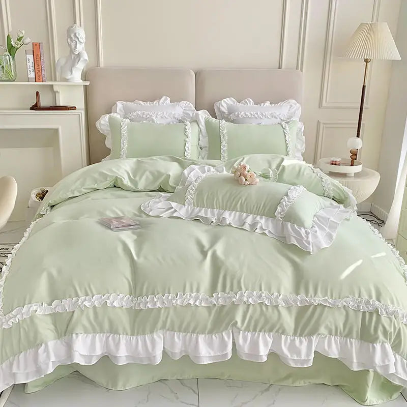 Mint Green): Mint green Korean ruffle bedding set styled on a bed with white ruffled trim