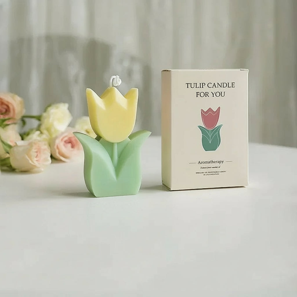 Tulip-shaped candle with packaging on a neutral background