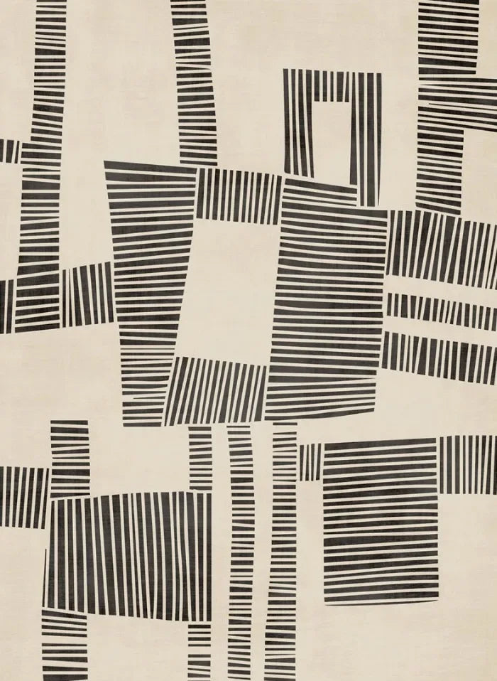 Patterned fabric with black geometric shapes on a beige background