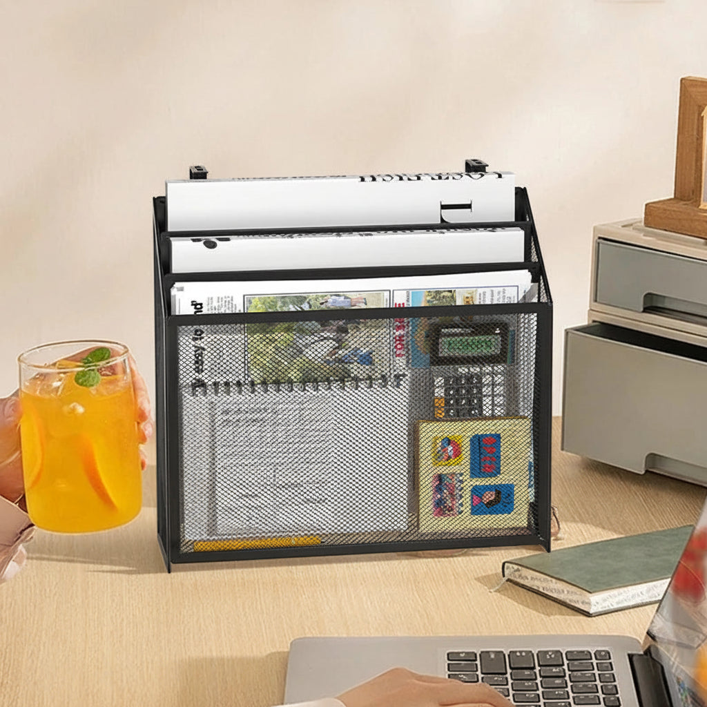 Black wall-mounted metal mesh storage tray