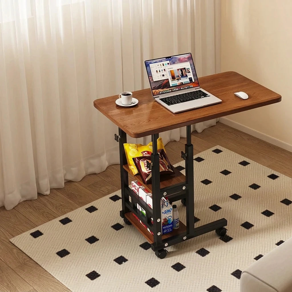 Wooden adjustable desk with laptop, mouse, and coffee on a checkered floor.