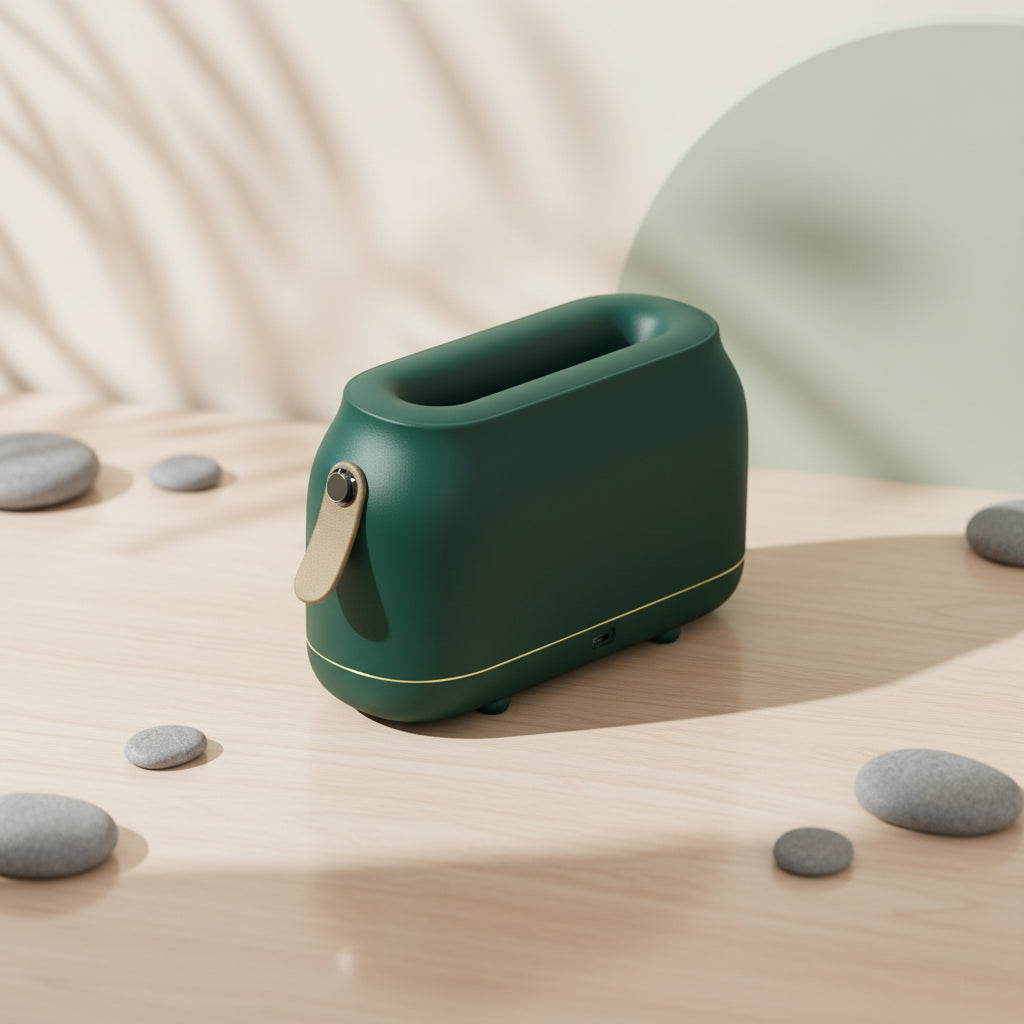 Green flame-effect essential oil diffuser with minimalist design