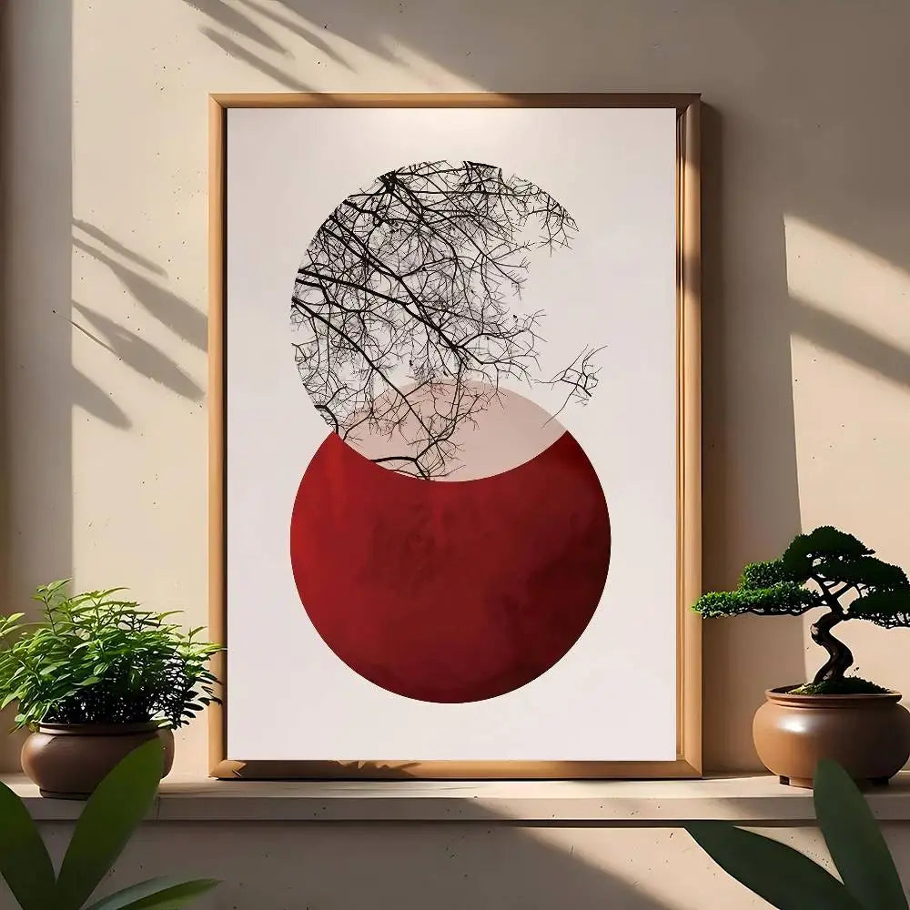 Minimal abstract canvas print with overlapping circles, crimson sun disc, and fine black branch silhouettes.