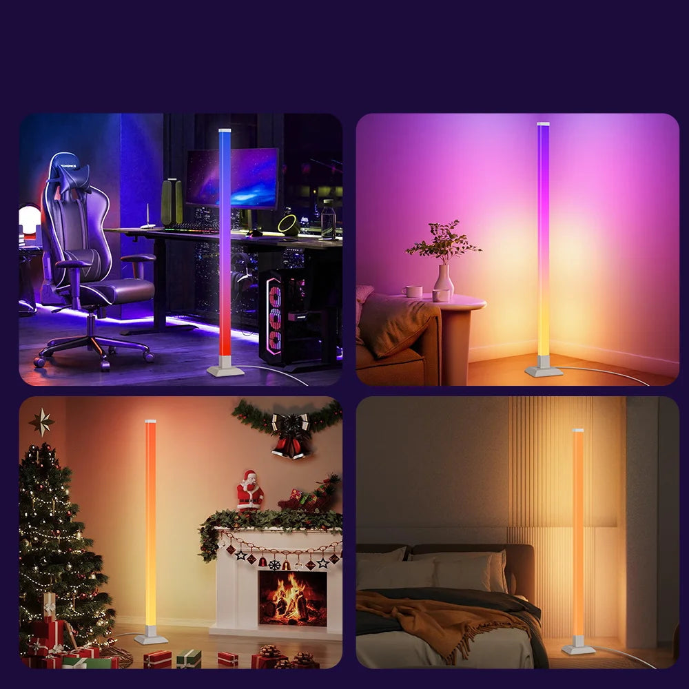 Collage of a portable LED floor lamp in various settings.
