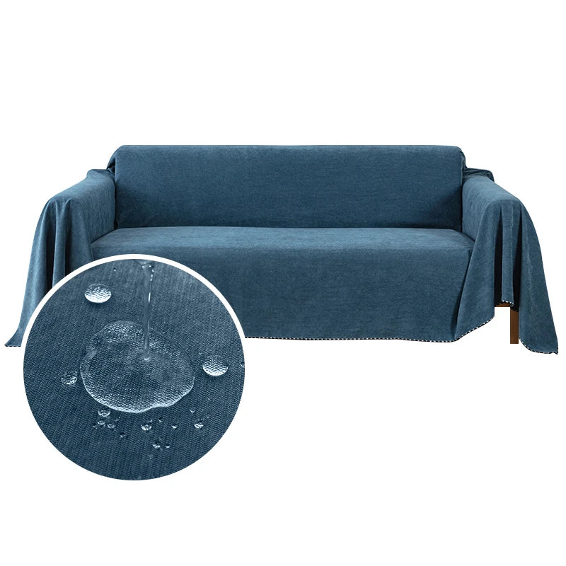 Waterproof jacquard sofa cover in deep denim blue on a sofa