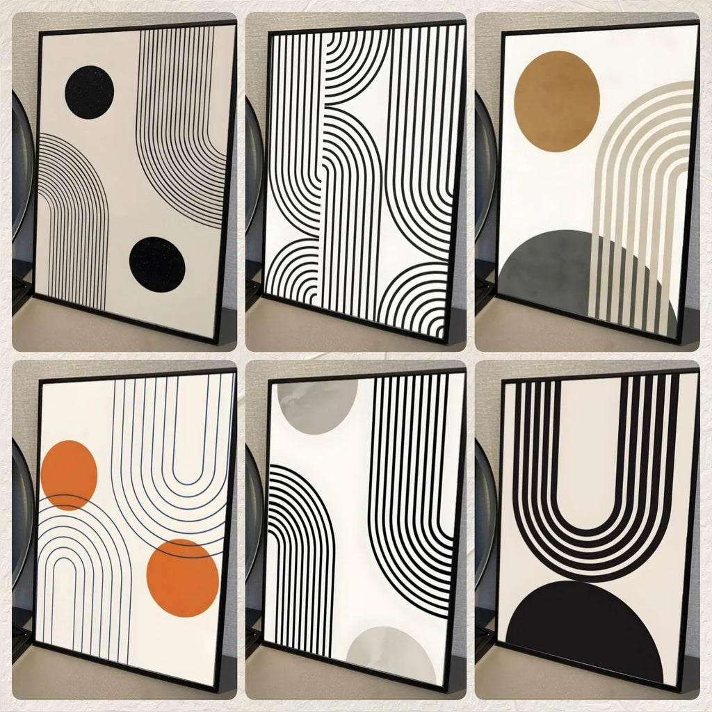 Set of six abstract art prints with geometric shapes on a beige background