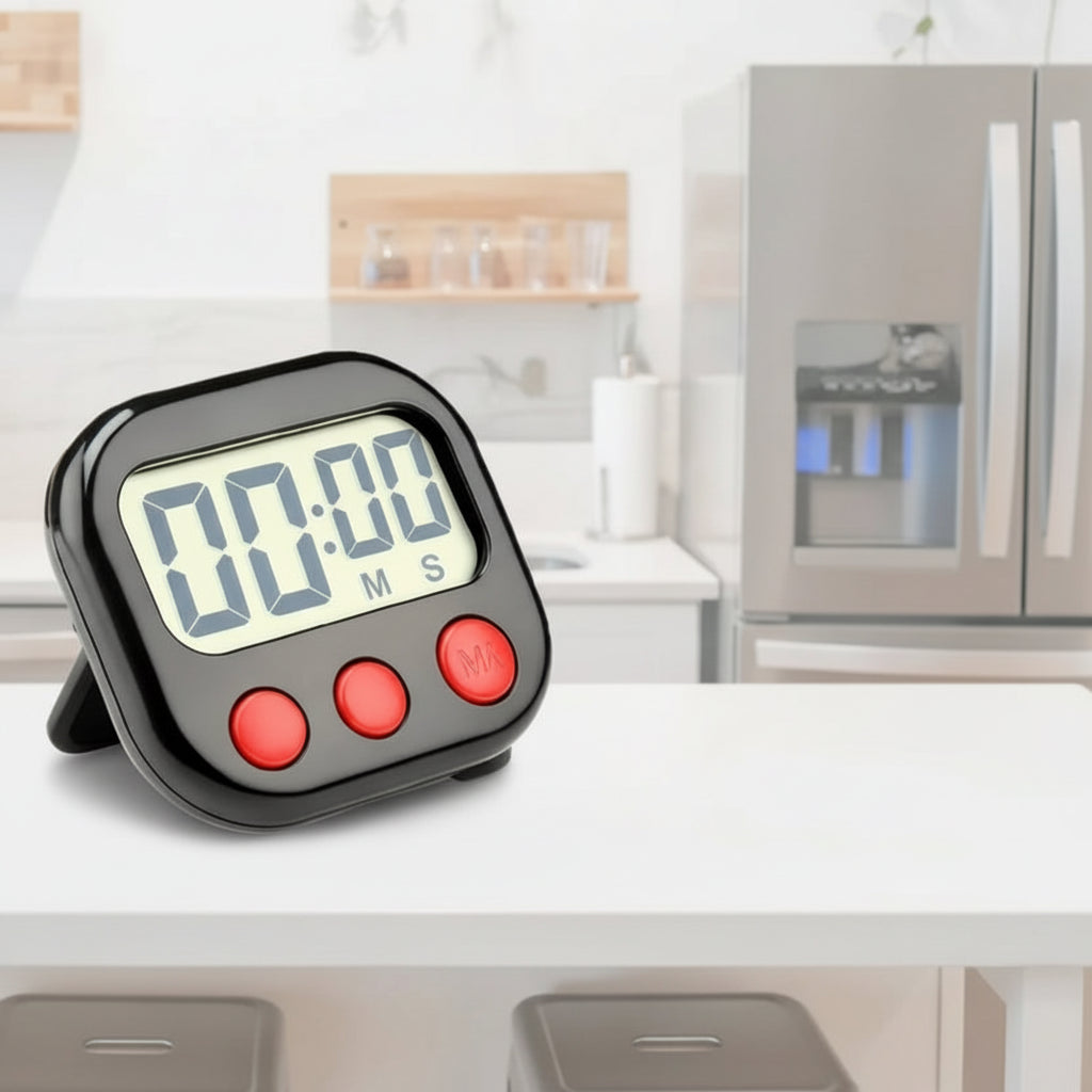 Digital timer with features listed on a blurred kitchen background
