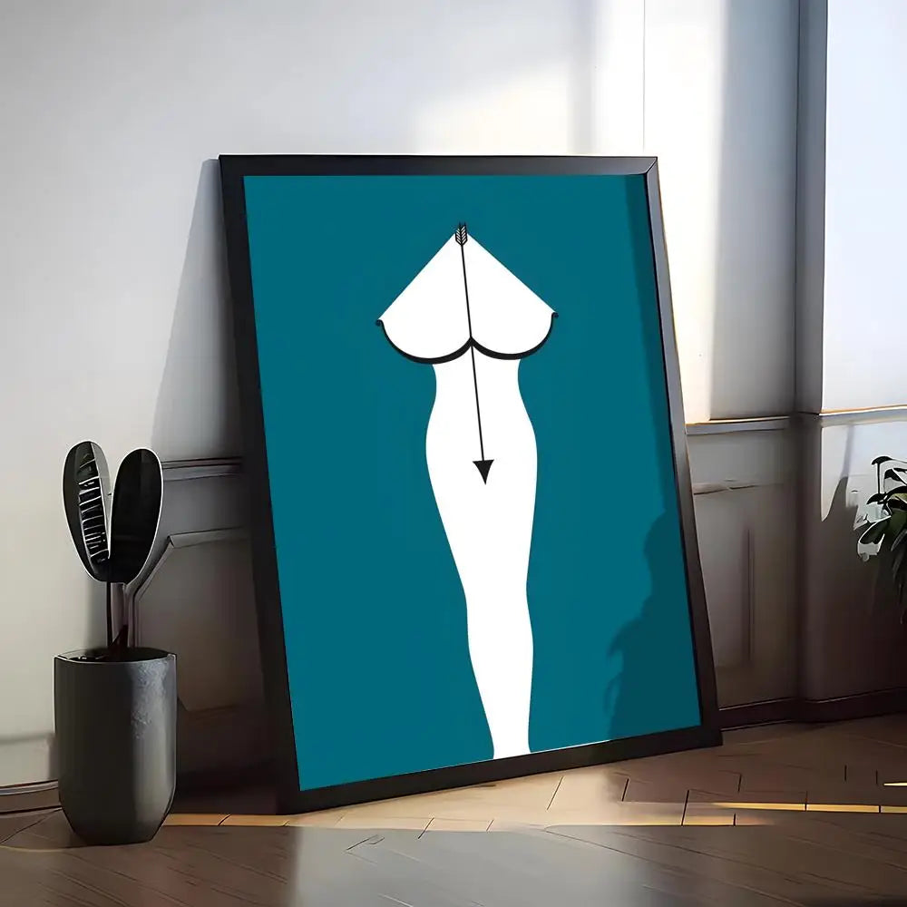 Symmetrical white silhouette of a woman with an arrow motif on a teal canvas.