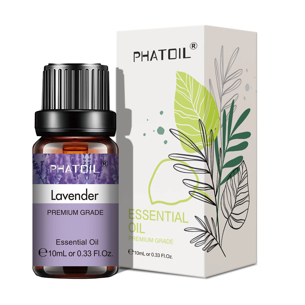 10ml bottle of Premium Grade Lavender Essential Oil featuring purple floral labelling.