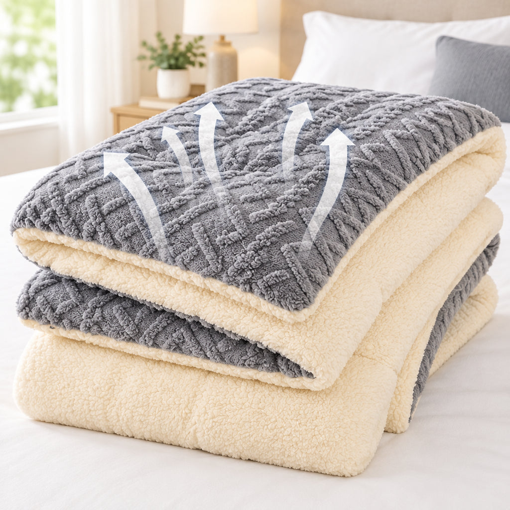 A folded sherpa fleece blanket on a bed. The top blanket is dark grey with a textured chevron pattern and white arrows overlaid to indicate breathability, while the bottom blanket is cream/beige.