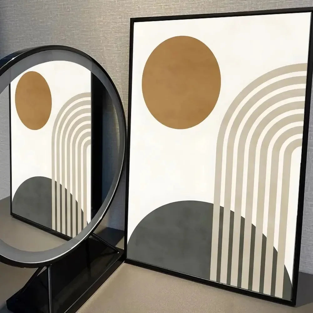 Neutral geometric wall art with a large tan circle, soft arches and a grey base shape