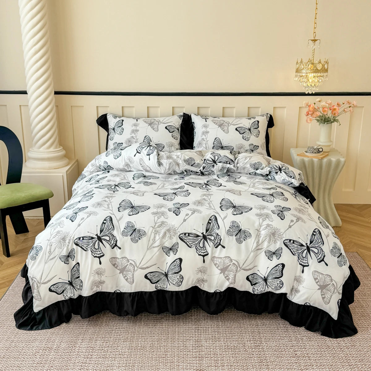 Front-facing view of the butterfly bedding, showing how the ruffles drape elegantly over the bed frame for a cottagecore aesthetic.