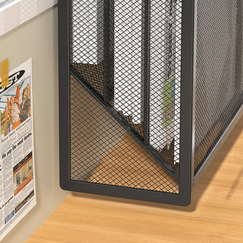 Black wall-mounted metal mesh storage tray