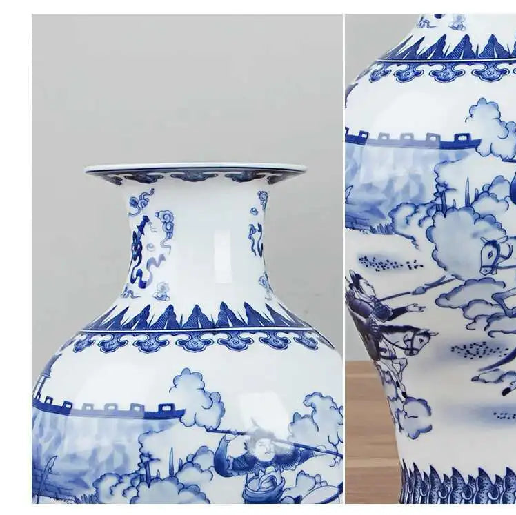 Blue and white ceramic vase with intricate designs on a plain background
