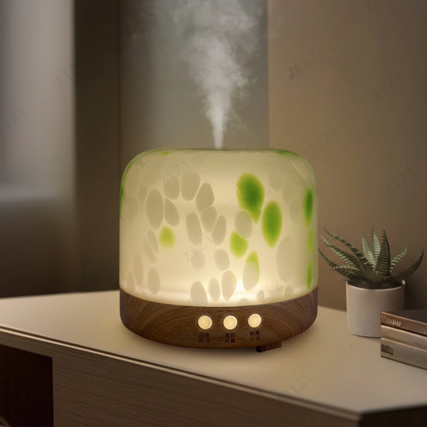 Silent essential oil diffuser styled on a bedside table