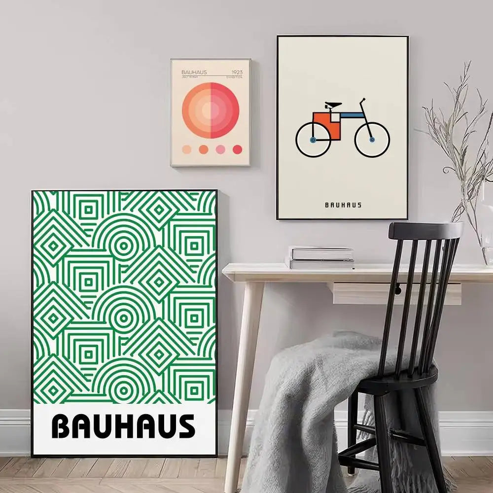 Modern interior with Bauhaus-style wall art and a desk.
